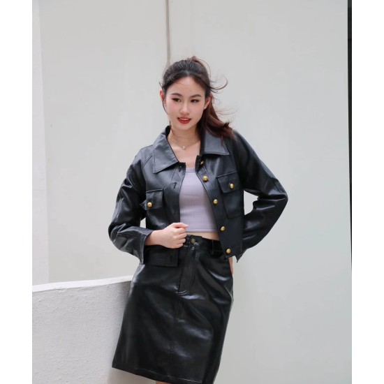 Leather Jacket With Gold Button WD78720 Leather Jacket With Gold Button WD78720