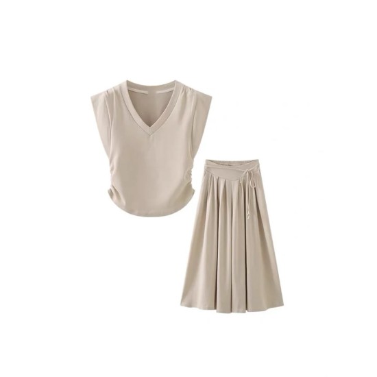 V neck Top And Elastic Waist Pantskirt Set Wear B662567 V neck Top And Elastic Waist Pantskirt Set Wear B662567